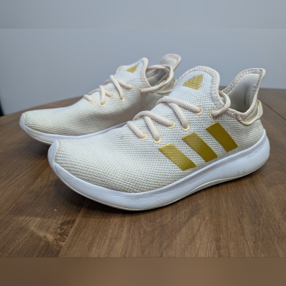 Adidas Cloud Foam Sneakers - Pure Wonder White With Gold Metallic - Picture 1 of 5